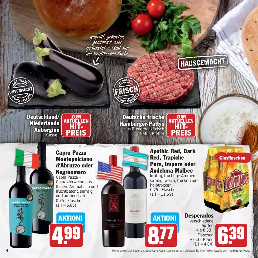 Aktueller Prospekt Hit - Prospekte - von 05.06 bis 24.06.2023 - strona 4 - produkty: aktionspreis, amaro, aubergine, braten, burger, Cap, desperados, eis, elle, flasche, fleisch, frucht, gin, hackfleisch, hamburger, küche, monte, Montepulciano, natur, pfeffer, reis, rind, rinder, rinderhackfleisch, rwe, Ti, tisch, wein, weine