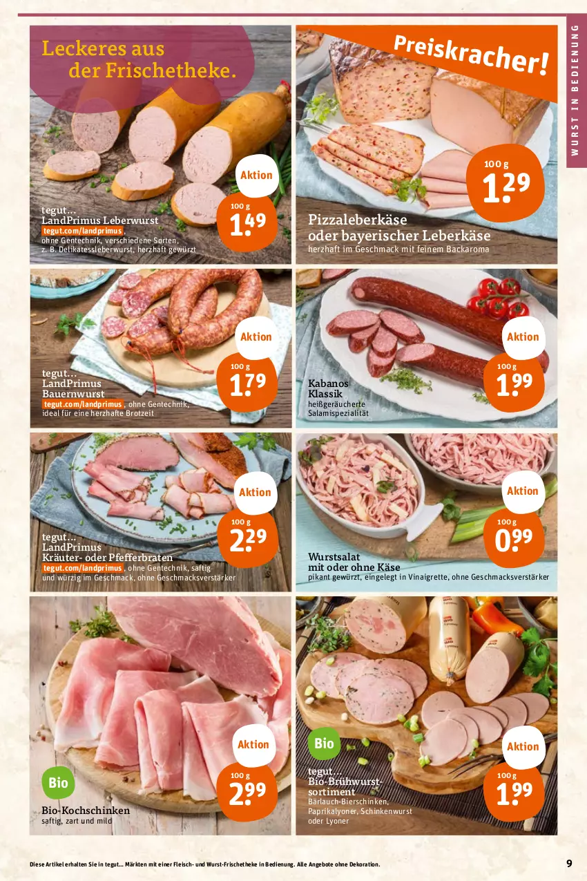 Aktueller Prospekt Tegut - Angebote der Woche - von 30.05 bis 03.06.2023 - strona 11 - produkty: angebot, angebote, auer, Bau, Bauer, bier, bierschinken, bio, braten, brot, Brühwurst, dekoration, eis, ente, fleisch, gewürz, kabanos, Käse, kochschinken, kräuter, landprimus, leberkäs, leberkäse, leberwurst, lyoner, mac, paprika, pfeffer, pizza, saft, salami, salat, schinken, schinkenwurst, Spezi, Ti, wurst, Yo