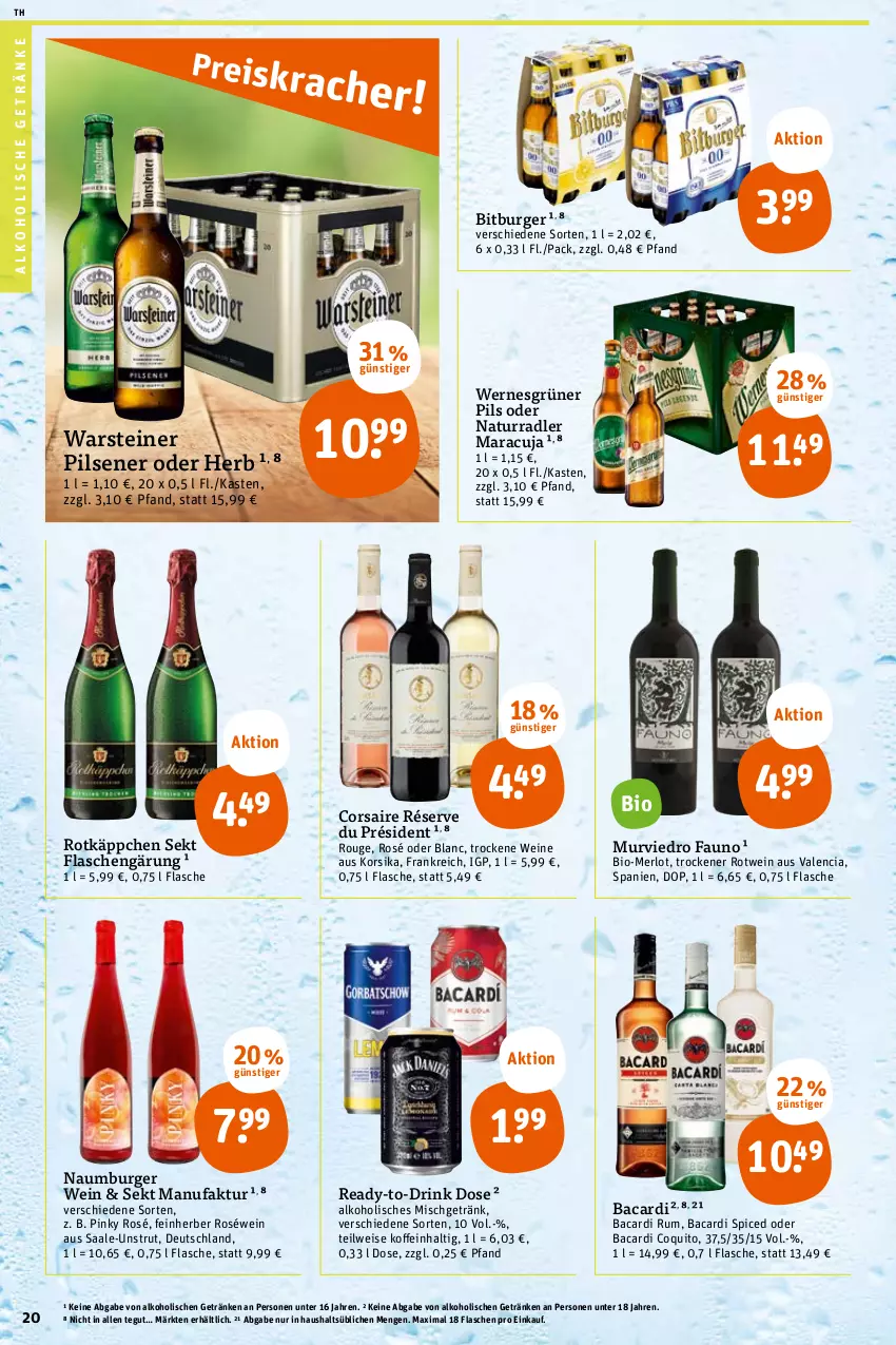 Aktueller Prospekt Tegut - Angebote der Woche - von 30.05 bis 03.06.2023 - strona 22 - produkty: alkohol, alkoholische getränke, bacardi, bacardi rum, bio, bitburger, burger, Corsaire, drink, Drink Dose, eis, Faktu, flasche, getränk, getränke, maracuja, merl, merlot, natur, pils, pilsener, radler, roséwein, rotkäppchen, rotwein, rouge, rum, sekt, steiner, Ti, warsteiner, wein, weine