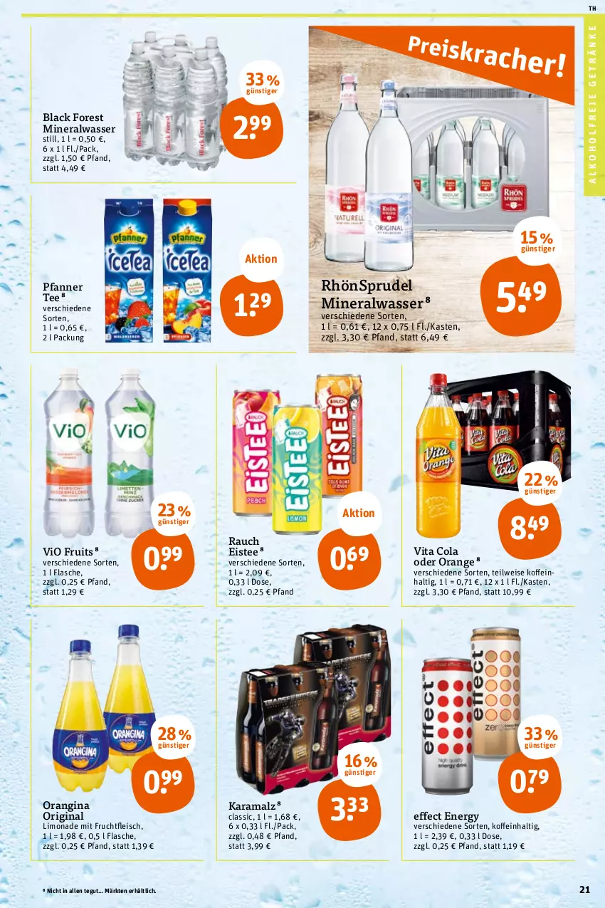 Aktueller Prospekt Tegut - Angebote der Woche - von 30.05 bis 03.06.2023 - strona 23 - produkty: alkohol, alkoholfreie getränke, Alwa, black forest, cola, Effect, eis, eistee, flasche, fleisch, frucht, fruchtfleisch, getränk, getränke, gin, karamalz, lack, limo, limonade, malz, mineralwasser, mit frucht, orange, orangina, pfanne, Pfanner, rama, Rauch, RhönSprudel, Sprudel, tee, Ti, vita, Vita C, wasser