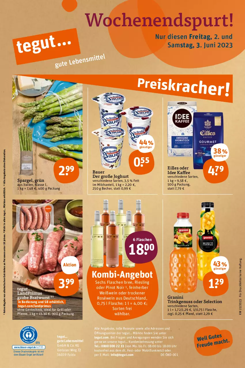 Aktueller Prospekt Tegut - Angebote der Woche - von 30.05 bis 03.06.2023 - strona 26 - produkty: alkohol, angebot, angebote, auer, Bau, Bauer, Becher, bratwurst, bree, dekoration, drucker, Engel, ente, flasche, Fulda, getränk, getränke, granini, grill, grobe bratwurst, ideal für grill, joghur, joghurt, kaffee, kerze, landprimus, lebensmittel, milch, nuss, pfanne, Pinot, pinot noir, rezept, rezepte, riesling, roséwein, spargel, Ti, uhr, wein, Weißwein, wurst