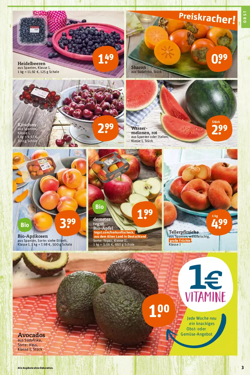 Aktueller Prospekt Tegut - Angebote der Woche - von 30.05 bis 03.06.2023 - strona 5 - produkty: angebot, angebote, aprikose, aprikosen, avocado, avocados, beere, beeren, bio, dekoration, eis, elle, fleisch, früchte, heidelbeere, heidelbeeren, kirsch, kirsche, kirschen, melone, melonen, obst, pfirsich, pfirsiche, Schal, Schale, teller, Ti, wasser, wassermelone, wassermelonen