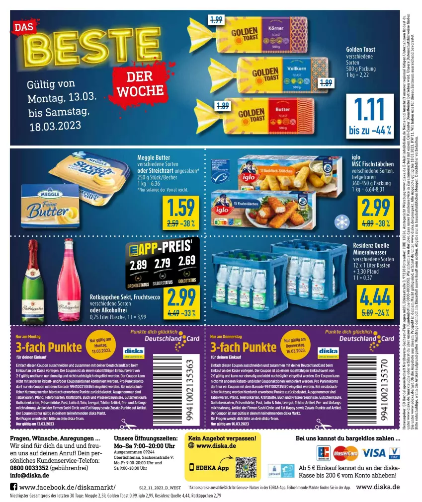 Aktueller Prospekt Diska - Prospekte - von 13.03 bis 18.03.2023 - strona 12 - produkty: aktionspreis, alkohol, Alwa, angebot, angebote, Astra, buch, coupon, deka, deutschland card, ecco, eis, elle, ente, erde, fisch, fischstäbchen, frucht, fruchtsecco, golden toast, guthabenkarte, gutschein, iglo, kraft, meggle, mineralwasser, nuss, reis, ring, rotkäppchen, sac, sekt, Tchibo, tee, telefon, Ti, toast, uhr, wasser, ZTE