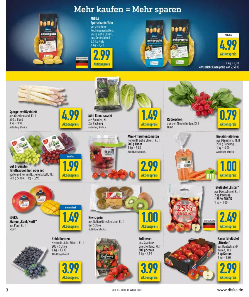 Aktueller Prospekt Diska - Prospekte - von 13.03 bis 18.03.2023 - strona 3 - produkty: aktionspreis, beere, beeren, bio, deka, eimer, eis, erdbeere, erdbeeren, heidelbeere, heidelbeeren, kartoffel, kartoffeln, kiwi, mango, Mini-Möhren, möhren, pflaume, pflaumen, radieschen, reis, Romanasalat, salat, Schal, Schale, spargel, speisekartoffeln, tafeläpfel, tafeltrauben, tee, Ti, tomate, tomaten, trauben