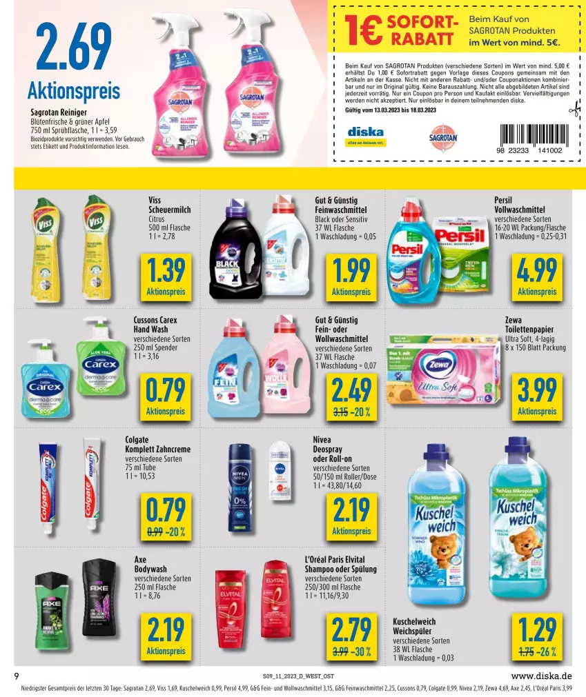 Aktueller Prospekt Diska - Prospekte - von 13.03 bis 18.03.2023 - strona 9 - produkty: aktionspreis, apfel, axe, bio, biozidprodukte, Blüte, body, citrus, colgate, coupon, coupons, creme, deo, deospray, eis, elvital, erde, feinwaschmittel, flasche, gin, Heu, Kuschelweich, l'oreal, lack, LG, milch, nivea, papier, persil, Rauch, reiniger, reis, roll-on, Roller, rwe, sagrotan, scheuermilch, shampoo, shampoo oder spülung, sofortrabatt, sprühflasche, spülung, tee, Ti, toilettenpapier, vita, vollwaschmittel, waschmittel, weichspüler, zahncreme, zewa, ZTE