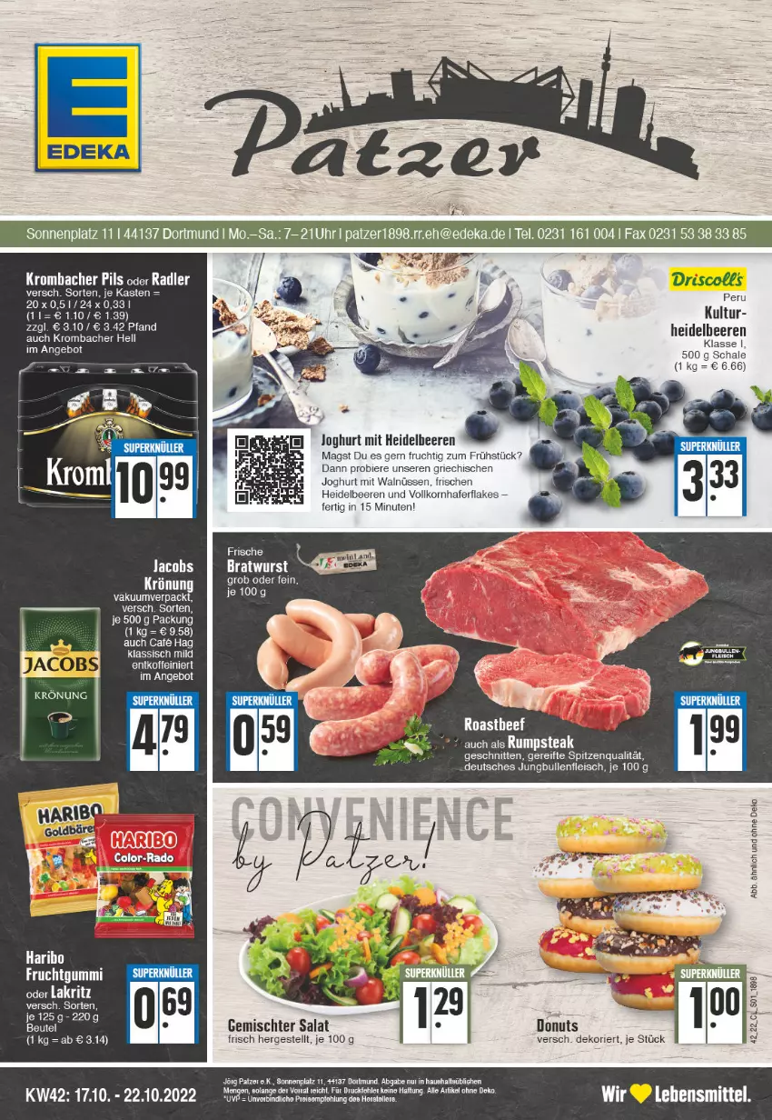 Aktueller Prospekt Edeka - Angebote der Woche - von 17.10 bis 22.10.2022 - strona 1 - produkty: angebot, beere, beeren, bier, Biere, deka, Donut, donuts, eis, flakes, fleisch, frucht, hafer, haribo, heidelbeere, heidelbeeren, jacobs, joghur, joghurt, jungbullen, korn, krombache, krombacher, krombacher pils, Lakritz, oder lakritz, oder radler, pils, radler, salat, Schal, Schale, schnitten, spitzenqualität, Ti