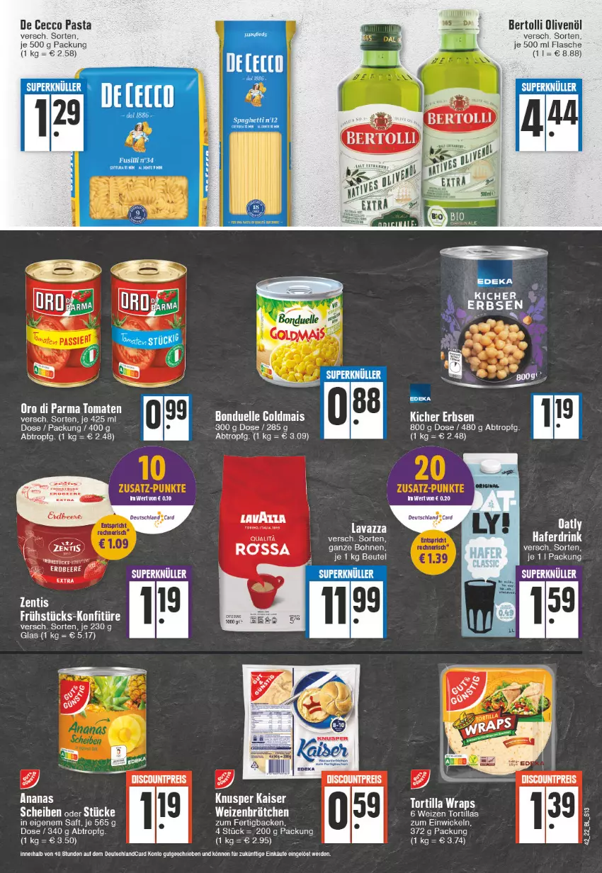 Aktueller Prospekt Edeka - Angebote der Woche - von 17.10 bis 22.10.2022 - strona 13 - produkty: ananas, beere, bertolli, bohne, bohnen, bonduelle, bonduelle goldmais, De Cecco, discount, drink, ecco, eis, elle, erbsen, erdbeere, erde, flasche, Goldmais, hafer, Haferdrink, Kaiser, mais, olive, oliven, olivenöl, oro di parma, pasta, reis, saft, tee, Ti, tomate, tomaten, WICK