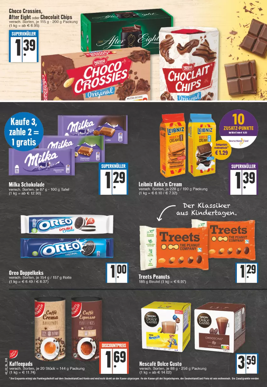 Aktueller Prospekt Edeka - Angebote der Woche - von 17.10 bis 22.10.2022 - strona 16 - produkty: after eight, beutel, chips, choco crossies, cola, crossies, dolce gusto, ente, milka, milka schokolade, nescafe, schoko, schokolade, Ti