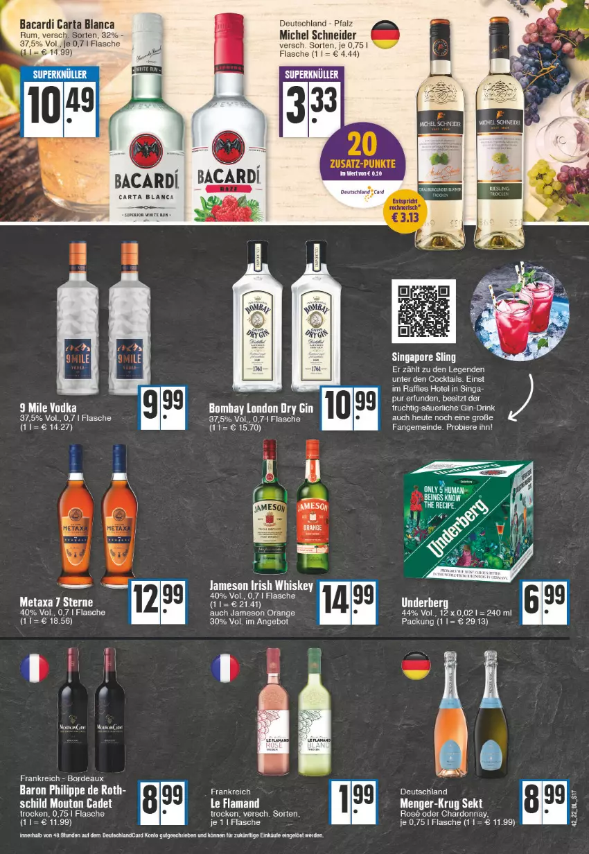 Aktueller Prospekt Edeka - Angebote der Woche - von 17.10 bis 22.10.2022 - strona 17 - produkty: angebot, bacardi, bier, Biere, chardonnay, cocktail, cocktails, drink, dry gin, ente, erde, flasche, frucht, gin, Heu, irish whiskey, jameson, london dry, london dry gin, Metaxa, Michel Schneider, orange, rum, Ti, underberg, whiskey, white rum