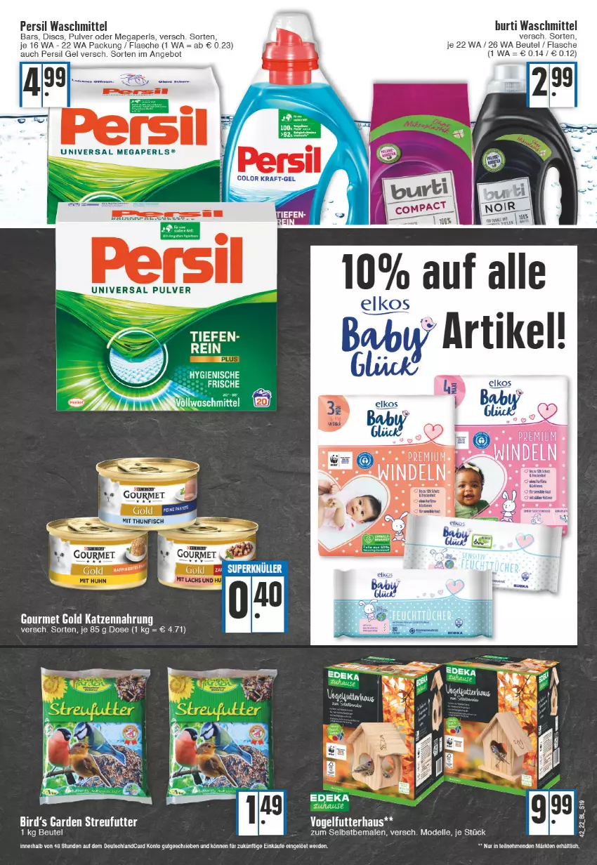 Aktueller Prospekt Edeka - Angebote der Woche - von 17.10 bis 22.10.2022 - strona 19 - produkty: angebot, beutel, burti, deka, dell, elkos, elle, flasche, gourmet gold, katzennahrung, megaperls, Mode, persil, persil waschmittel, tee, Ti, universal megaperls, universal pulver, Vogelfutter, waschmittel