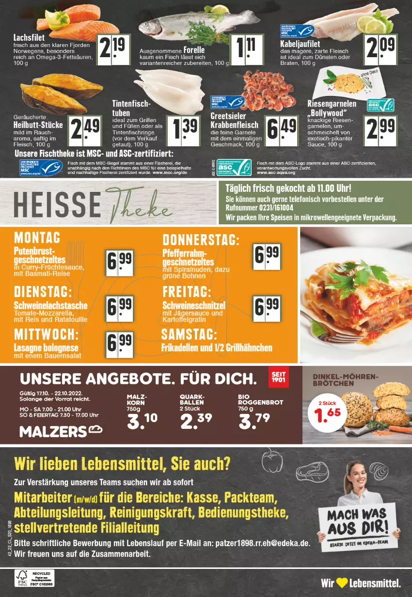 Aktueller Prospekt Edeka - Angebote der Woche - von 17.10 bis 22.10.2022 - strona 20 - produkty: angebot, angebote, aqua, auer, ball, basmati, basmati-reis, Bau, Bauer, Bauernsalat, bio, bolognese, brot, deka, eier, eis, elle, ente, filet, fisch, fische, Fischer, fleisch, garnelen, grill, ideal zum grillen, kabeljaufilet, kartoffel, korn, lachs, lachsfilet, lasagne, lebensmittel, LG, mac, mikrowelle, mozzarella, omega, Omega-3, papier, quark, Rauch, reis, rel, Ria, ring, rwe, saft, salat, sauce, Schere, schnitzel, schwein, schweine, Schweinelachs, schweineschnitzel, Tasche, tee, telefon, Ti, Tintenfischringe, tisch, tomate, uhr, wein, weine