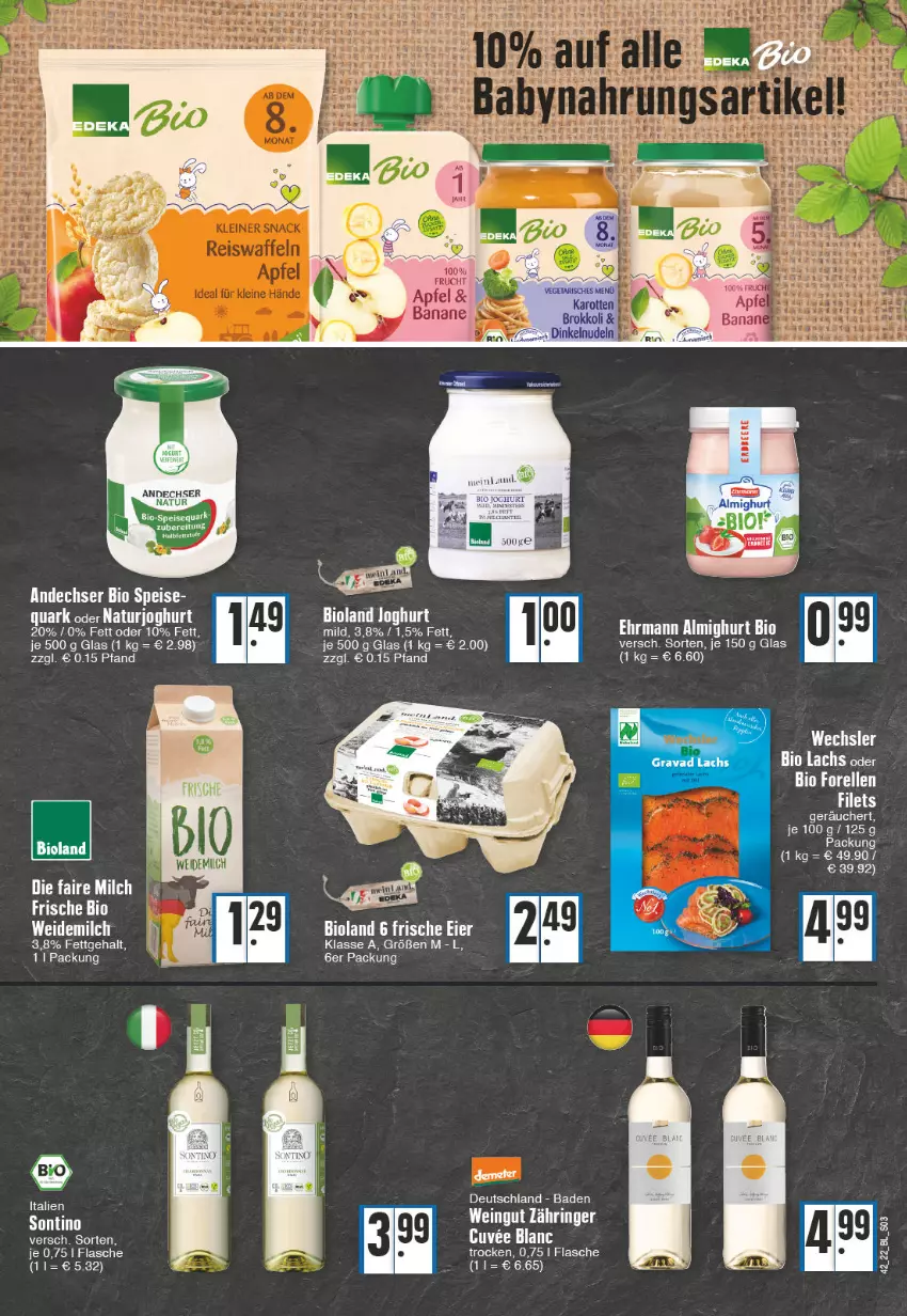 Aktueller Prospekt Edeka - Angebote der Woche - von 17.10 bis 22.10.2022 - strona 3 - produkty: almighur, almighurt, Bad, bio, bioland, brokkoli, ehrmann, ehrmann almighurt, eier, eis, filet, filets, flasche, joghur, joghurt, karotten, lachs, milch, natur, naturjoghurt, nudel, nudeln, quark, ring, tee, Ti, weidemilch, wein