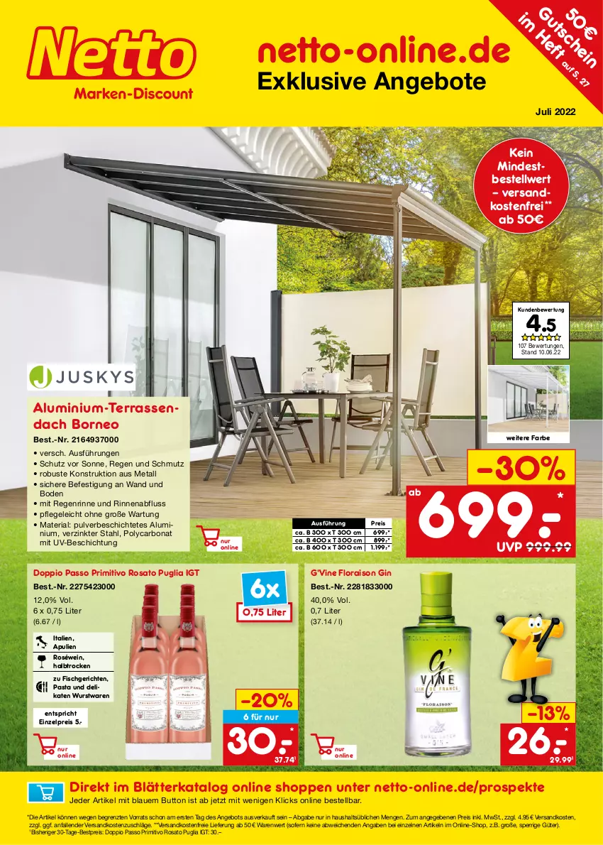 Aktueller Prospekt Netto Marken-Discount - Online-Angebote Juli - von 01.07 bis 31.07.2022 - strona 1 - produkty: angebot, angebote, bestpreis, Bona, doppio passo, eis, fisch, gin, ndk, passo, pasta, primitivo, reis, Ria, rosato, roséwein, Ti, versandkostenfrei, wein, wurst, ZTE