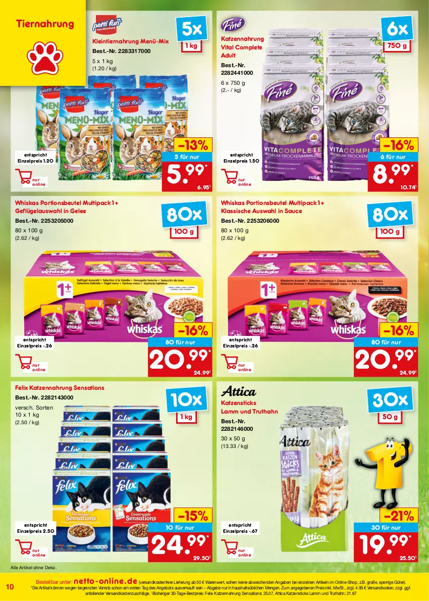 Aktueller Prospekt Netto Marken-Discount - Online-Angebote Juli - von 01.07 bis 31.07.2022 - strona 10 - produkty: angebot, bestpreis, beutel, eis, felix, Geflügel, gelee, katzennahrung, lamm, ndk, portionsbeutel, reis, sauce, sensations, Ti, tiernahrung, truthahn, versandkostenfrei, vita, whiskas, ZTE