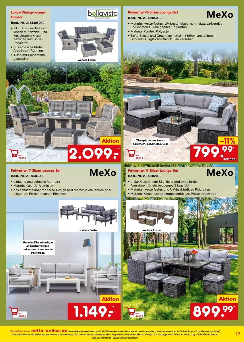 Aktueller Prospekt Netto Marken-Discount - Online-Angebote Juli - von 01.07 bis 31.07.2022 - strona 17 - produkty: angebot, armlehnen, Brei, Couch, couchtisch, eis, elle, ente, glasplatte, HP, kissen, Kissenbezug, latte, lounge-set, mac, Mode, ndk, reis, Ria, Rückenkissen, sessel, Sofa, Ti, tisch, tischplatte, versandkostenfrei, wasser, ZTE