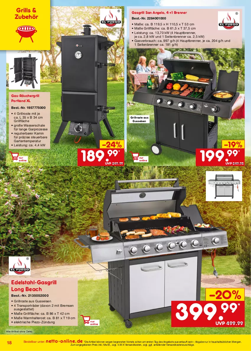 Aktueller Prospekt Netto Marken-Discount - Online-Angebote Juli - von 01.07 bis 31.07.2022 - strona 18 - produkty: angebot, edelstahl, eis, ente, Garten, gasgrill, grill, grillfläche, grillrost, Kamin, ndk, piezo-zündung, Rauch, reis, Schal, Schale, Sport, Ti, wasser, ZTE