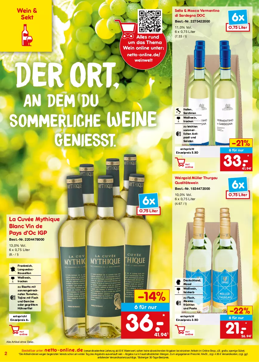 Aktueller Prospekt Netto Marken-Discount - Online-Angebote Juli - von 01.07 bis 31.07.2022 - strona 2 - produkty: angebot, antipasti, asti, bestpreis, cuvée, eis, filet, fisch, früchte, früchten, grill, hühner, Hühnerfilet, meeresfrüchte, merl, Müller, ndk, nerf, pasta, qualitätswein, reis, risotto, salat, salate, sekt, Ti, tomate, tomaten, und gemüse, versandkostenfrei, wein, weine, Weißwein, ZTE