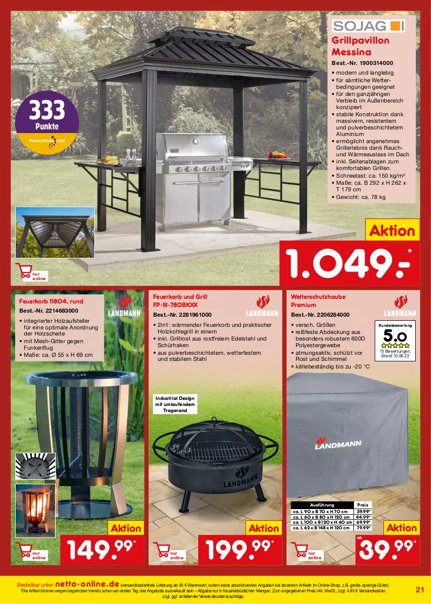 Aktueller Prospekt Netto Marken-Discount - Online-Angebote Juli - von 01.07 bis 31.07.2022 - strona 21 - produkty: angebot, edelstahl, eis, elle, ente, Feuerkorb, grill, Grillpavillon, grillrost, Holz, holzkohle, holzkohlegrill, Kohlegrill, korb, Laufen, ndk, pavillon, Rauch, reis, Ria, teller, Ti, tisch, versandkostenfrei, ZTE