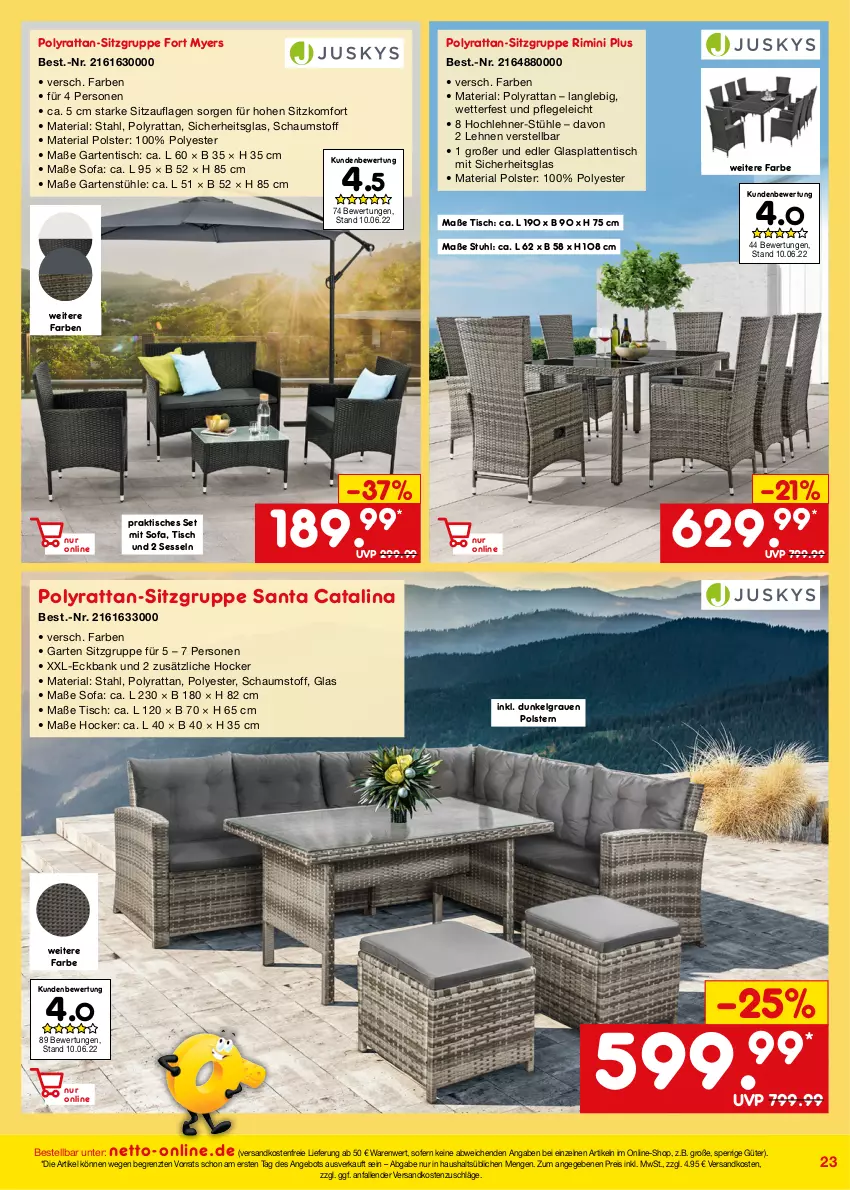 Aktueller Prospekt Netto Marken-Discount - Online-Angebote Juli - von 01.07 bis 31.07.2022 - strona 23 - produkty: angebot, Bank, Eckbank, eis, Garten, gartentisch, glasplatte, hocker, latte, LG, ndk, reis, Ria, sessel, Sitzauflage, Sofa, Stühl, stuhl, Ti, tisch, versandkostenfrei, ZTE