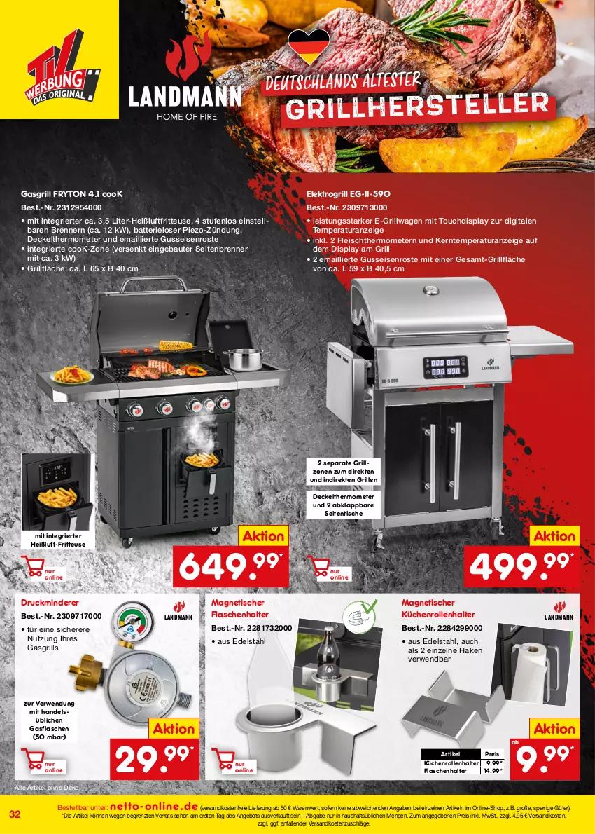 Aktueller Prospekt Netto Marken-Discount - Online-Angebote Juli - von 01.07 bis 31.07.2022 - strona 32 - produkty: angebot, batterie, Bau, decke, Deckel, edelstahl, eis, Elektro, flasche, fleisch, fritteuse, gasflaschen, gasgrill, grill, grillfläche, Heißluftfritteuse, küche, Küchen, küchenrolle, küchenrollen, ndk, piezo-zündung, reis, rwe, thermometer, Ti, tisch, versandkostenfrei, ZTE