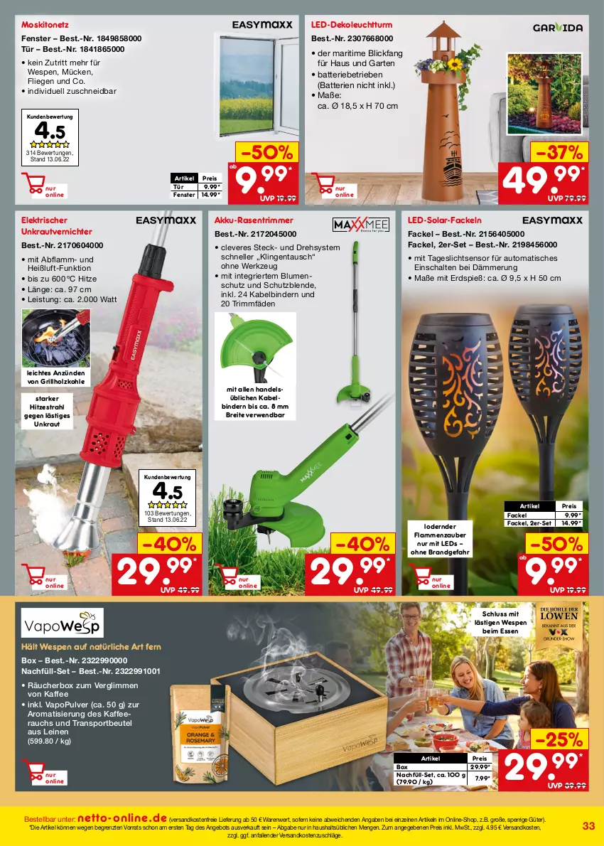 Aktueller Prospekt Netto Marken-Discount - Online-Angebote Juli - von 01.07 bis 31.07.2022 - strona 33 - produkty: akku, angebot, auto, batterie, batterien, beutel, blume, blumen, Brei, eis, elle, fenster, Garten, grill, grillholzkohle, Holz, holzkohle, kaffee, Kraut, lamm, leds, leine, Liege, moskitonetz, ndk, rasen, rasentrimmer, Rauch, reis, rwe, Schal, Sport, Ti, tisch, unkrautvernichter, versandkostenfrei, werkzeug, ZTE