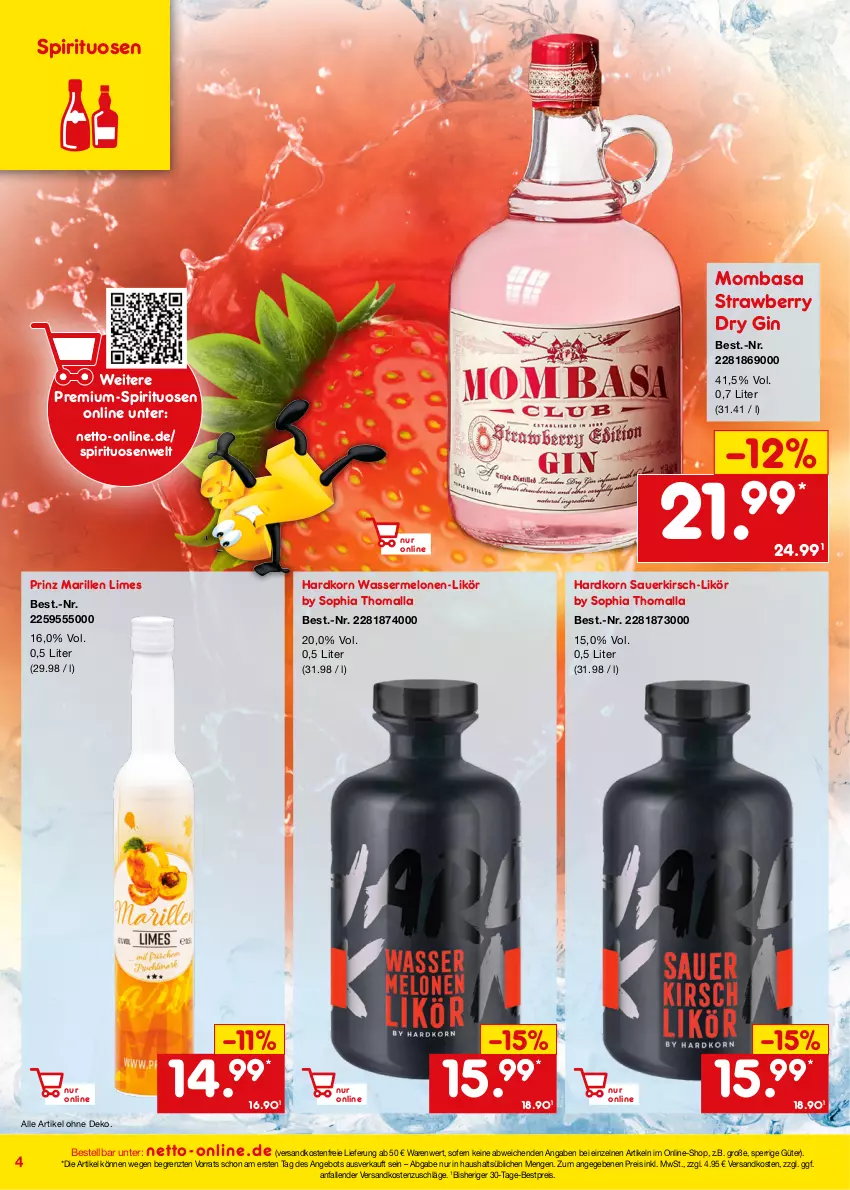 Aktueller Prospekt Netto Marken-Discount - Online-Angebote Juli - von 01.07 bis 31.07.2022 - strona 4 - produkty: angebot, auer, bestpreis, dry gin, eis, gin, kirsch, korn, likör, melone, melonen, ndk, reis, spirituosen, Ti, versandkostenfrei, wasser, ZTE