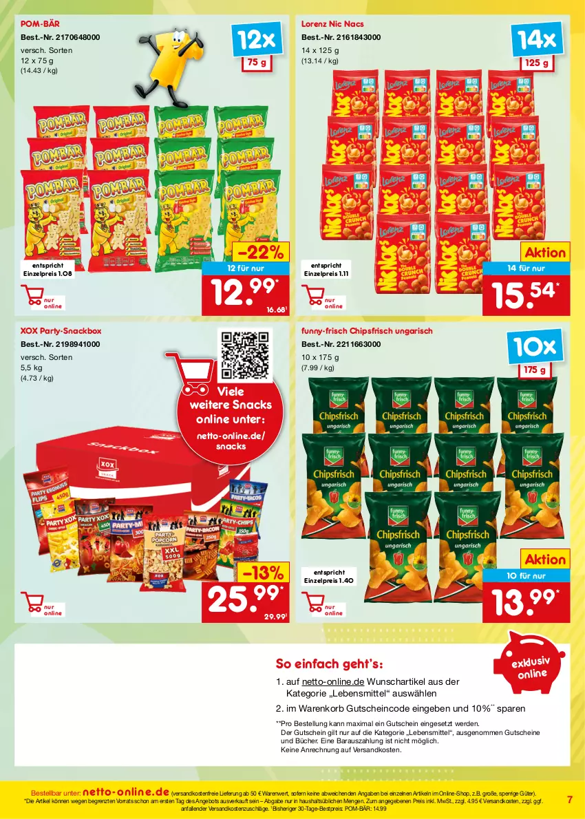 Aktueller Prospekt Netto Marken-Discount - Online-Angebote Juli - von 01.07 bis 31.07.2022 - strona 7 - produkty: angebot, bestpreis, chips, chipsfrisch, eis, erde, funny-frisch, gutschein, gutscheine, korb, lebensmittel, lorenz, ndk, pom-bär, reis, snack, snacks, Ti, versandkostenfrei, ZTE