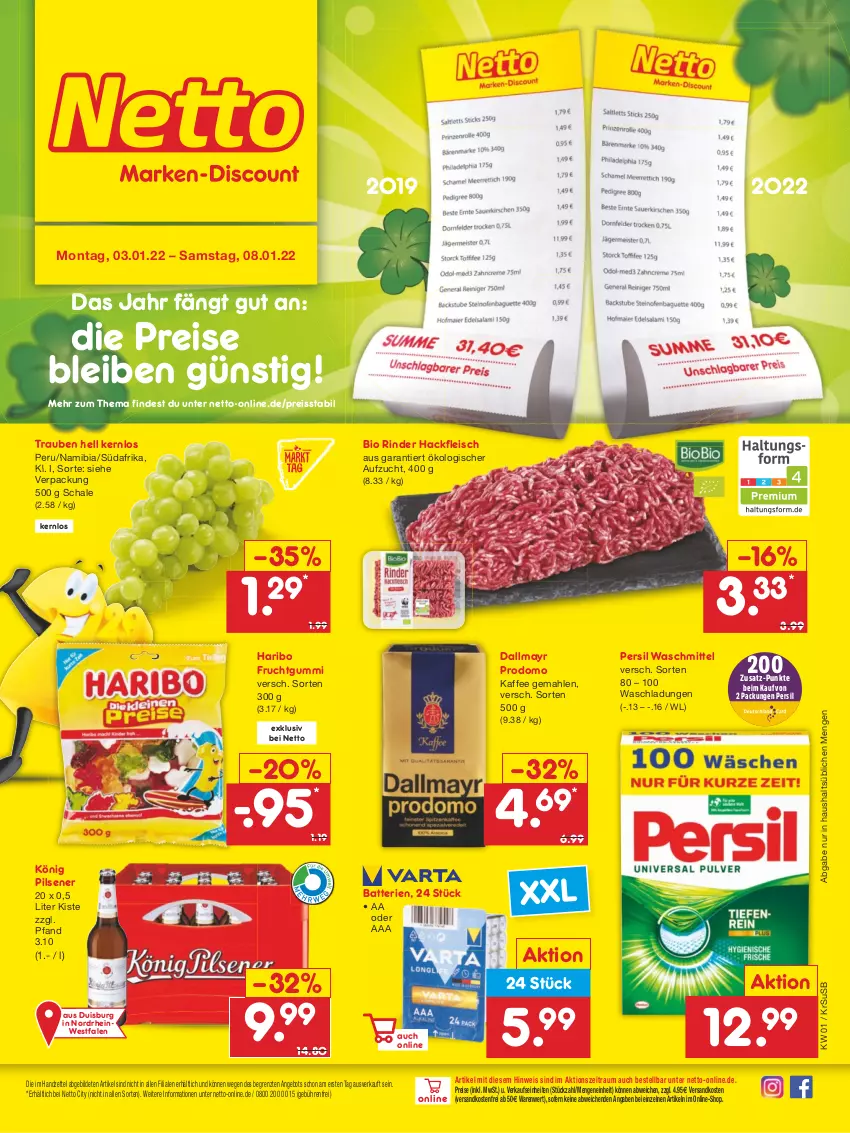 Aktueller Prospekt Netto Marken-Discount - Filial Angebote - von 03.01 bis 08.01.2022 - strona 1 - produkty: angebot, batterie, batterien, bio, dallmayr, dallmayr prodomo, eis, fleisch, frucht, fruchtgummi, hackfleisch, haribo, kaffee, könig pilsener, ndk, persil, persil waschmittel, pils, pilsener, prodomo, reis, reiss, rind, rinder, Schal, Schale, Ti, trauben, usb, versandkostenfrei, waschmittel, ZTE