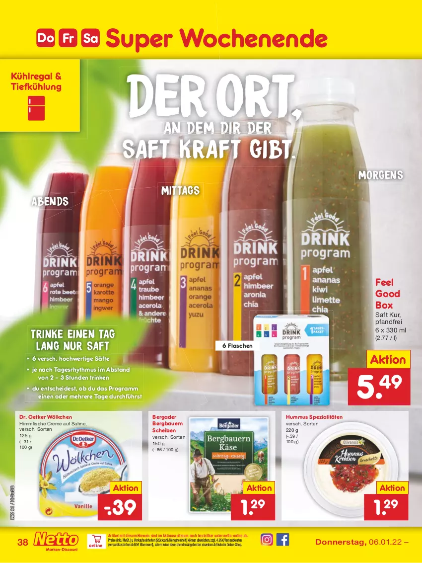 Aktueller Prospekt Netto Marken-Discount - Filial Angebote - von 03.01 bis 08.01.2022 - strona 38 - produkty: auer, Bau, Bauer, bergader, creme, Dr. Oetker, eis, flasche, hummus, kraft, kühlregal, ndk, regal, reis, saft, säfte, sahne, Spezi, Ti, usb, versandkostenfrei