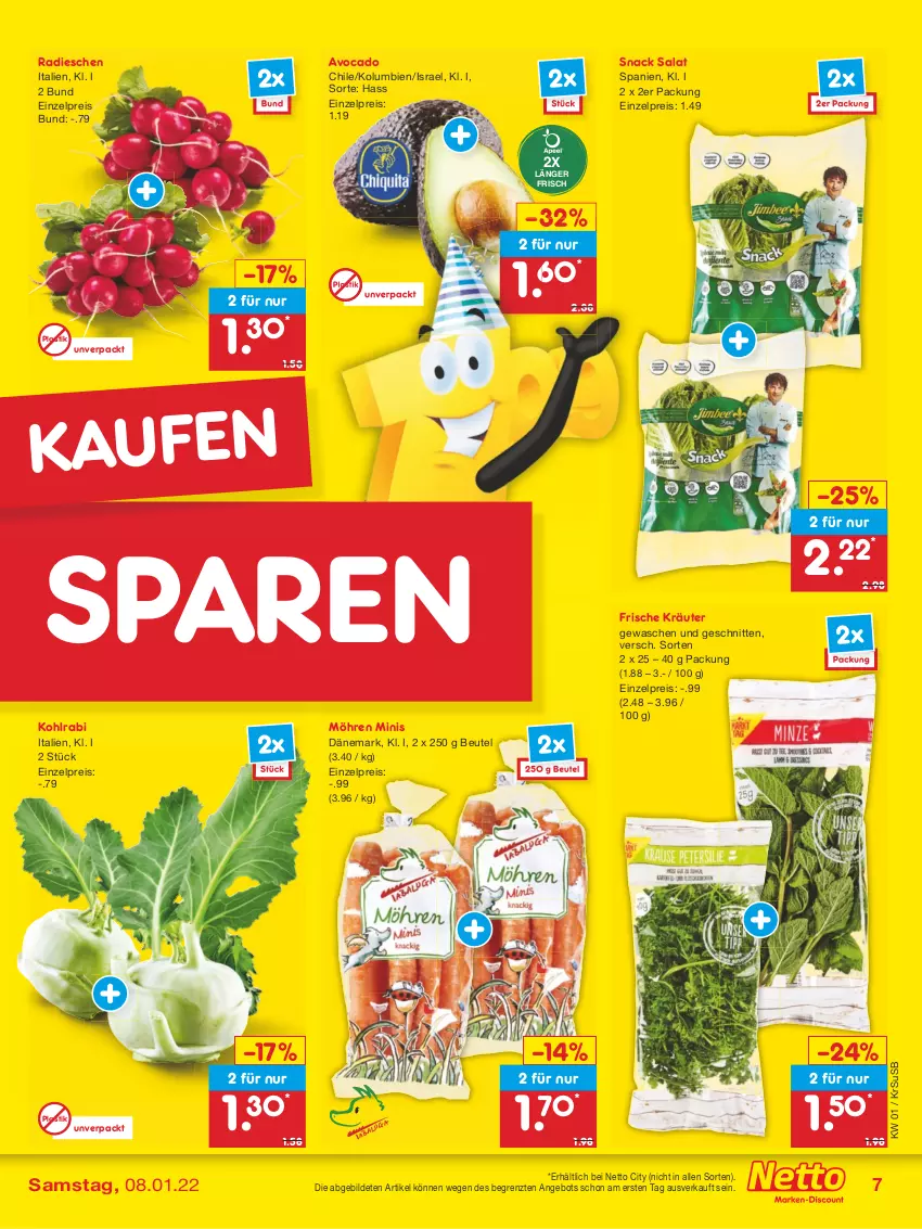 Aktueller Prospekt Netto Marken-Discount - Filial Angebote - von 03.01 bis 08.01.2022 - strona 7 - produkty: angebot, asti, avocado, beutel, eis, kohlrabi, kräuter, möhren, radieschen, reis, salat, schnitten, snack, Ti, usb, ZTE