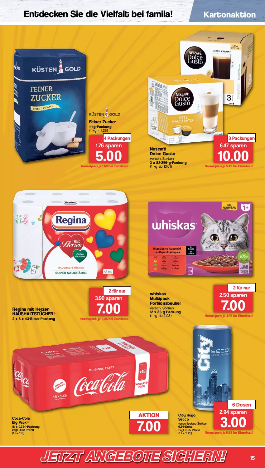 Aktueller Prospekt Famila - Prospekte - von 06.11 bis 11.11.2023 - strona 15 - produkty: angebot, angebote, beutel, coca-cola, cola, decke, dolce gusto, ecco, eis, gin, haushaltstücher, hugo, Nescafé, portionsbeutel, reis, Ti, tücher, whiskas, zucker