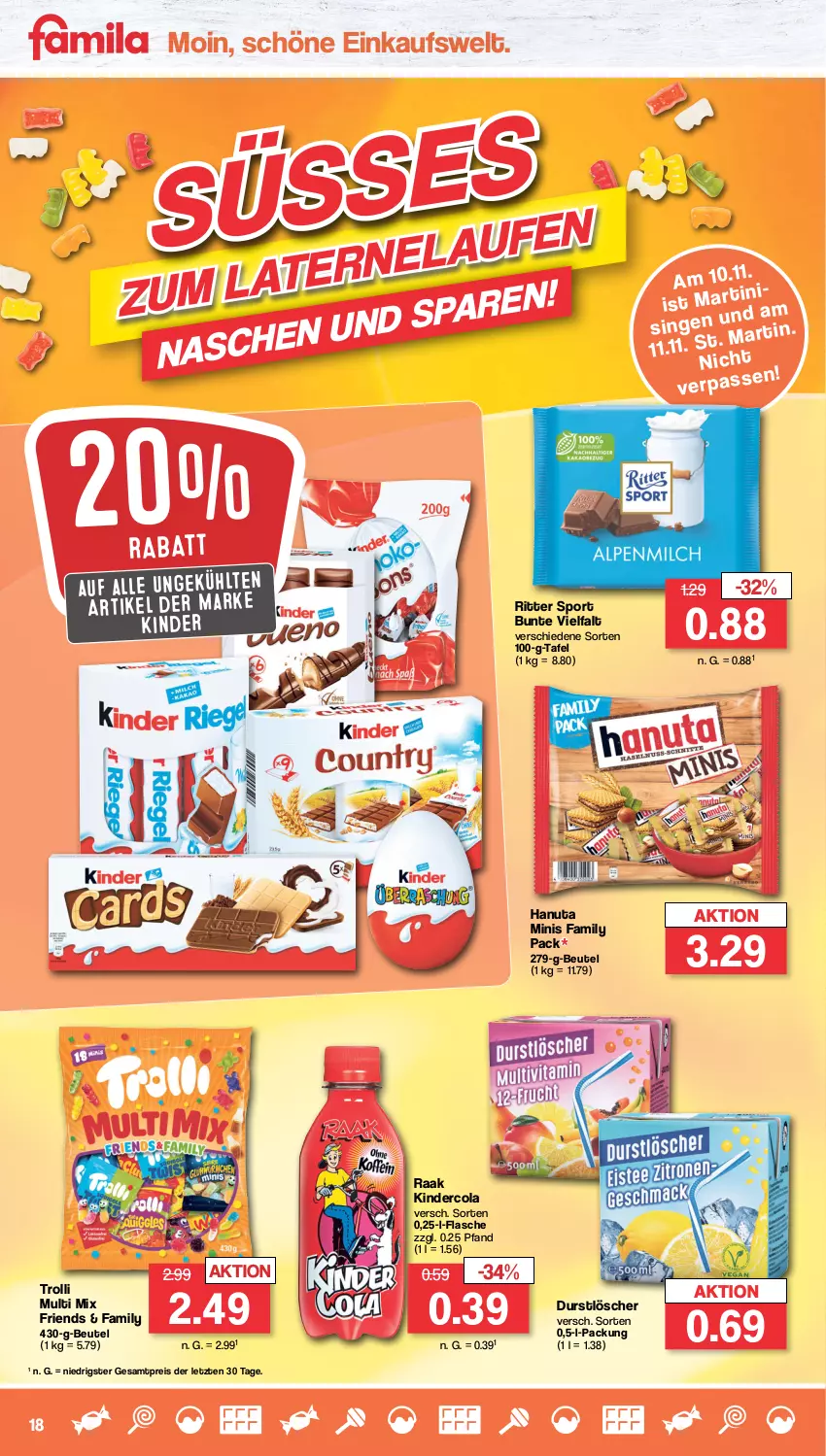 Aktueller Prospekt Famila - Prospekte - von 06.11 bis 11.11.2023 - strona 18 - produkty: beutel, cola, durstlöscher, eis, flasche, hanuta, Kinder, Laufen, reis, ritter, ritter sport, Sport, tee, Ti, trolli, ZTE