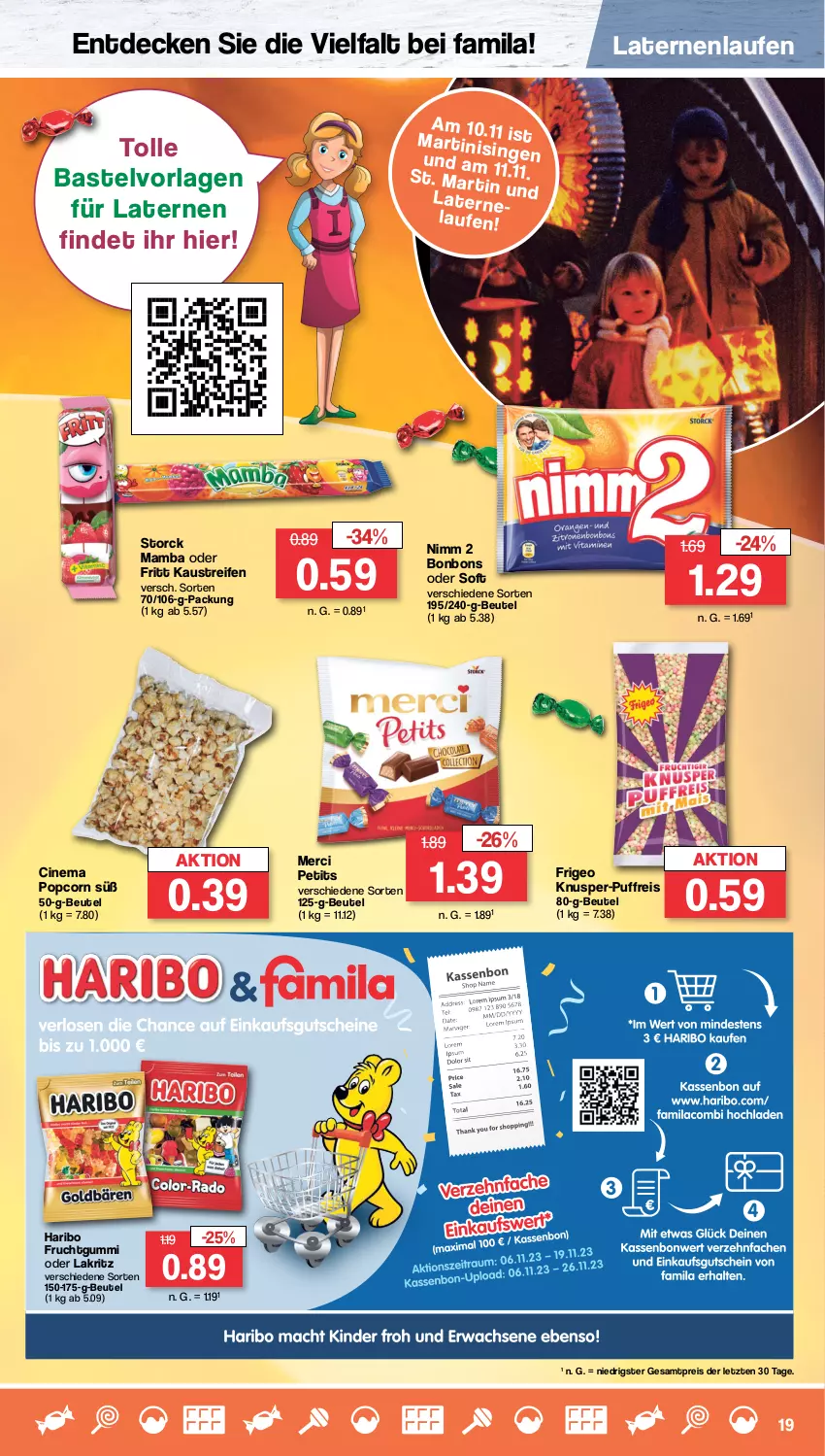 Aktueller Prospekt Famila - Prospekte - von 06.11 bis 11.11.2023 - strona 19 - produkty: aust, beutel, bonbons, cin, decke, eis, frucht, fruchtgummi, haribo, Kaustreifen, Lakritz, laterne, Laufen, mam, merci, Nimm 2, oder lakritz, popcorn, reifen, reis, storck, Ti, ZTE