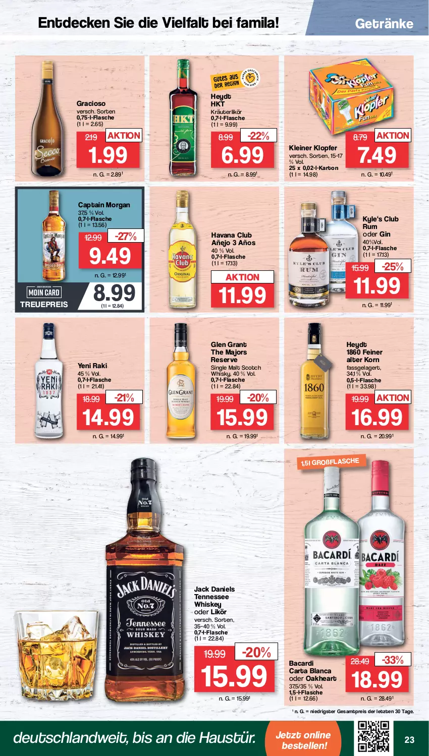 Aktueller Prospekt Famila - Prospekte - von 06.11 bis 11.11.2023 - strona 23 - produkty: aust, bacardi, Cap, captain morgan, decke, eis, elle, flasche, getränk, getränke, gin, Glen Grant, gracioso, Havana Club, jack daniel, jack daniels, kleiner klopfer, korn, kräuter, kräuterlikör, leine, likör, oakheart, reis, rum, scotch, scotch whisky, single malt, tennessee whiskey, Ti, whiskey, whisky, yeni raki, ZTE