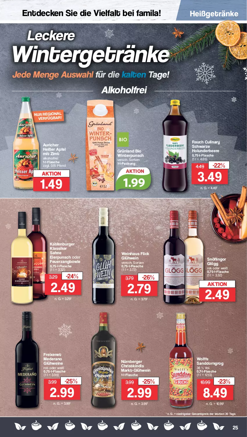 Aktueller Prospekt Famila - Prospekte - von 06.11 bis 11.11.2023 - strona 25 - produkty: alkohol, apfel, beere, Berger, bio, bowle, burger, decke, eier, eis, flasche, freixenet, getränk, getränke, Glühwein, holunder, katlenburger, nürnberger, Rauch, reis, sahne, sanddorn, Ti, wein, weine, ZTE