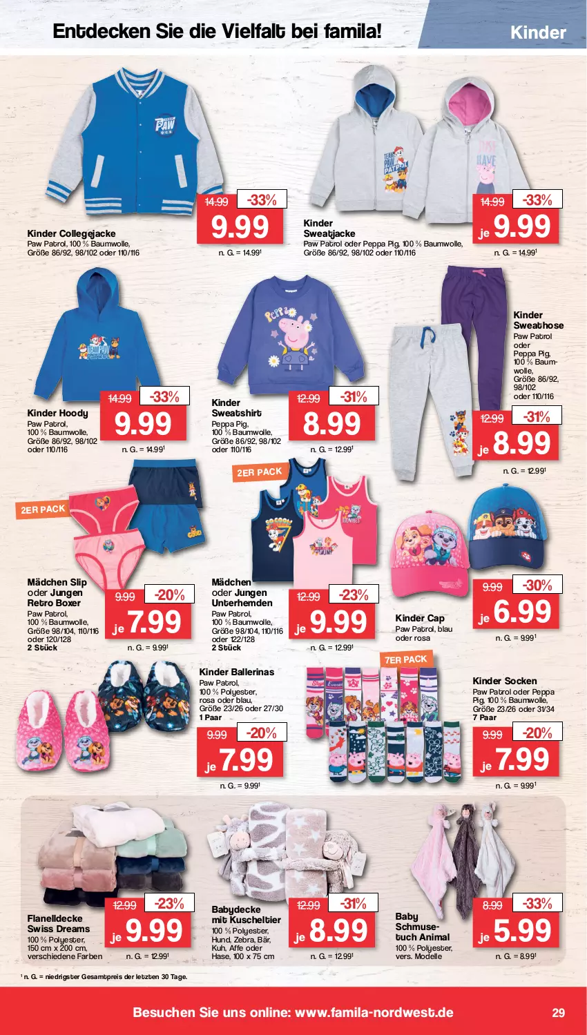 Aktueller Prospekt Famila - Prospekte - von 06.11 bis 11.11.2023 - strona 29 - produkty: ball, Ballerinas, Bau, baumwolle, Cap, decke, dell, eis, elle, hemd, hemden, hose, Jacke, Kinder, Mode, Paw Patrol, Peppa Pig, reis, shirt, slip, socken, sweatjacke, Sweatshirt, Ti, tuc, Unterhemd, unterhemden, wolle, ZTE