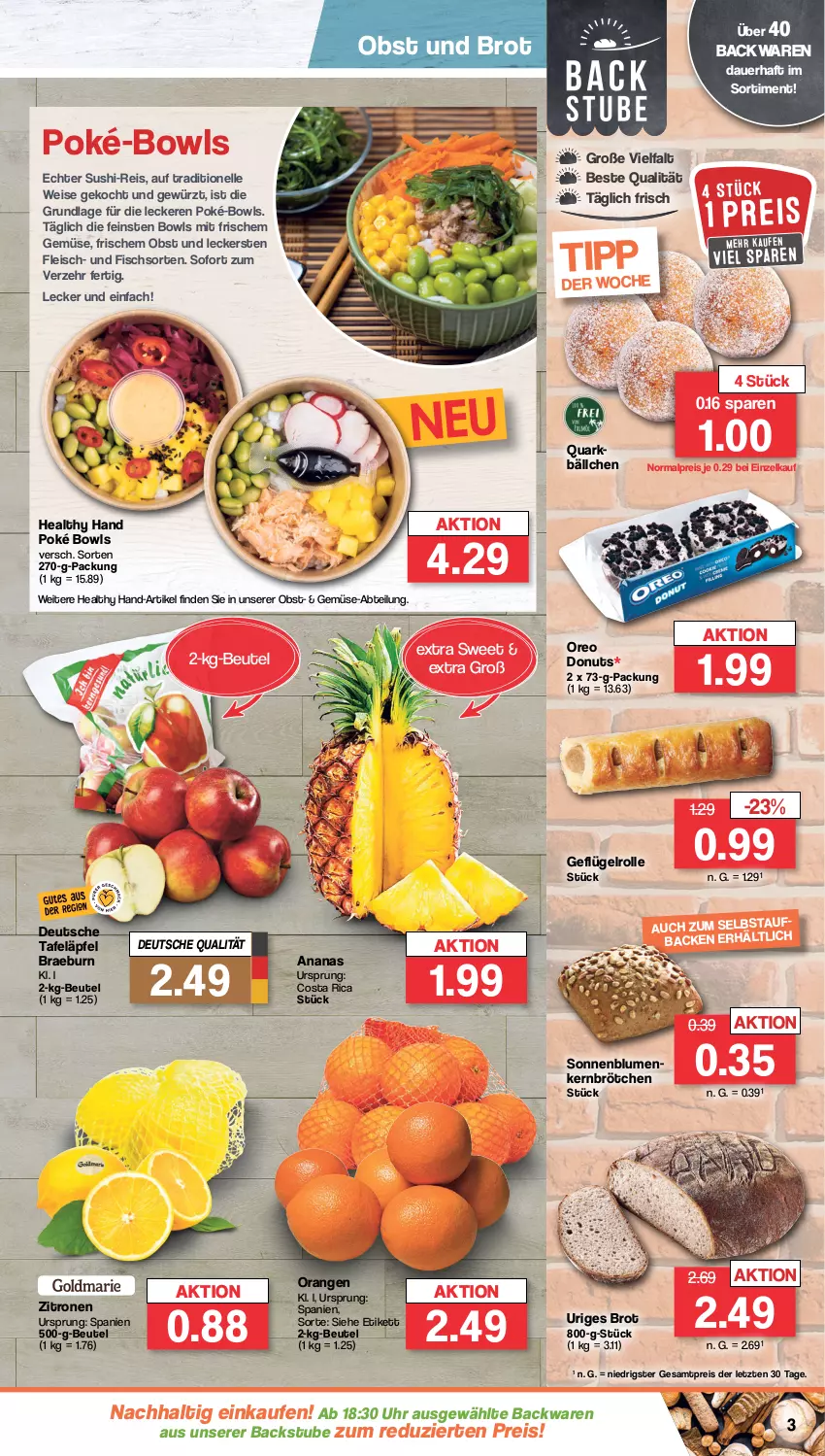 Aktueller Prospekt Famila - Prospekte - von 06.11 bis 11.11.2023 - strona 3 - produkty: Abtei, ananas, auer, backwaren, beutel, blume, blumen, brot, brötchen, Donut, donuts, eis, elle, fisch, fleisch, Geflügel, gewürz, obst, orange, orangen, oreo, quark, reis, sonnenblume, sonnenblumen, stube, Sushi, tafeläpfel, Ti, uhr, zitrone, zitronen, ZTE