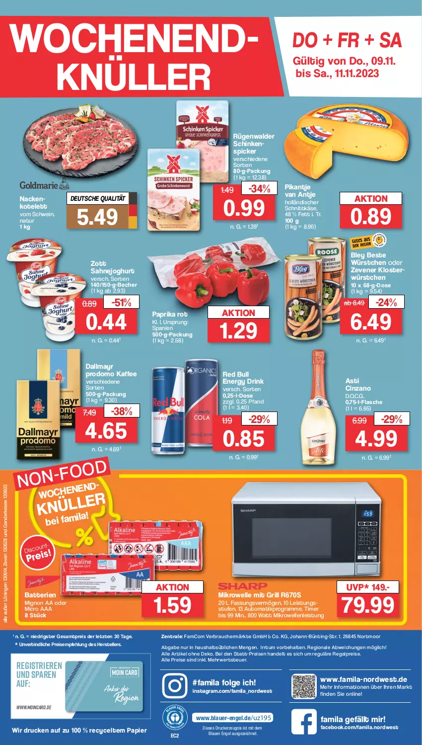 Aktueller Prospekt Famila - Prospekte - von 06.11 bis 11.11.2023 - strona 36 - produkty: asti, auer, auto, batterie, batterien, Becher, bley, cin, cinzano, dallmayr, dallmayr prodomo, drink, drucker, eis, elle, energy drink, Engel, flasche, grill, holländischer schnittkäse, joghur, joghurt, kaffee, Käse, kerze, kotelett, LG, mikrowelle, natur, ndk, papier, paprika, paprika rot, prodomo, Rauch, red bull, regal, reis, rügenwalder, rwe, sahne, Sahnejoghurt, schinken, schnittkäse, schwein, teller, Ti, timer, wein, würstchen, zott, ZTE