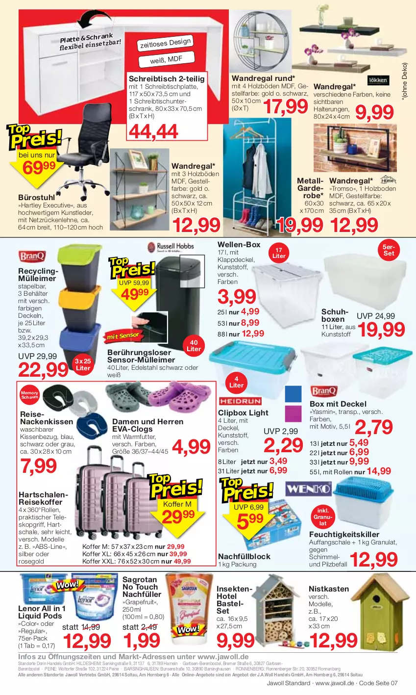 Aktueller Prospekt Jawoll - Prospekte - von 06.03 bis 12.03.2022 - strona 7 - produkty: angebot, angebote, Behälter, Berger, Brei, Clin, Clogs, decke, Deckel, dell, edelstahl, eimer, eis, elle, grapefruit, Holz, HP, kissen, Kissenbezug, koffer, latte, leimer, lenor, Mode, nackenkissen, Pods, regal, reis, rückenlehne, sagrotan, Schal, Schale, Schrank, schreibtisch, sekt, stuhl, Teleskop, Ti, tisch, tischplatte, unterschrank, wandregal