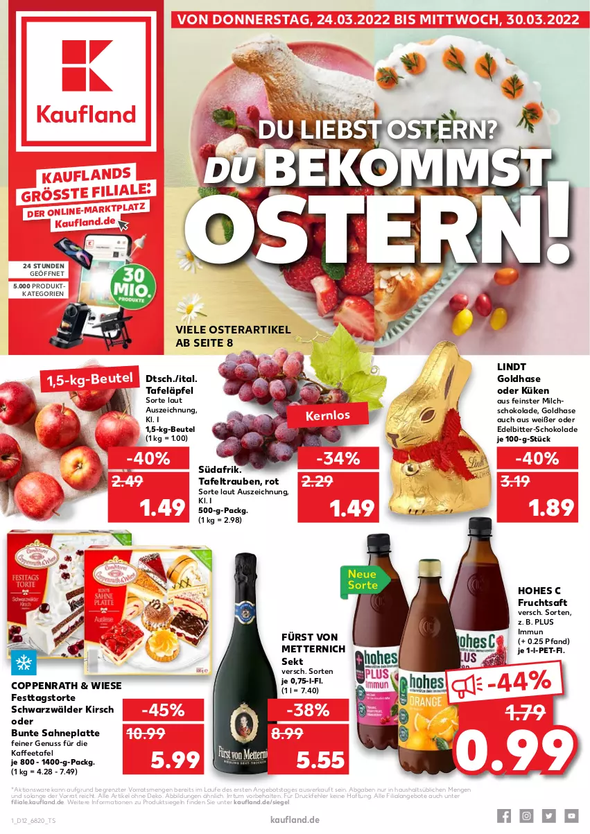 Aktueller Prospekt Kaufland - von 24.03 bis 30.03.2022 - strona 1 - produkty: angebot, angebote, beko, beutel, coppenrath, frucht, fruchtsaft, fürst von metternich, Hohes C, kaffee, kirsch, latte, lindt, Mett, metternich, milch, nuss, saft, sahne, schoko, schokolade, sekt, tafeläpfel, tafeltrauben, Ti, torte, trauben, ZTE