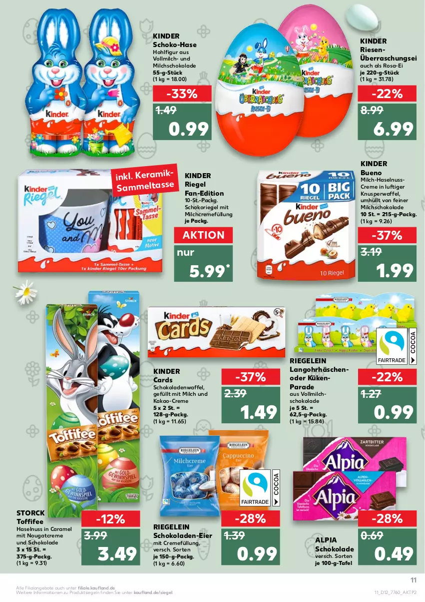 Aktueller Prospekt Kaufland - von 24.03 bis 30.03.2022 - strona 11 - produkty: alpia, angebot, angebote, caramel, creme, eier, haselnuss, Haselnusscreme, kakao, Kinder, kinder bueno, kinder riegel, milch, Nougatcreme, nuss, riegel, schoko, schokolade, schokoladen, schokoriegel, storck, tasse, Ti, toffifee, vollmilch