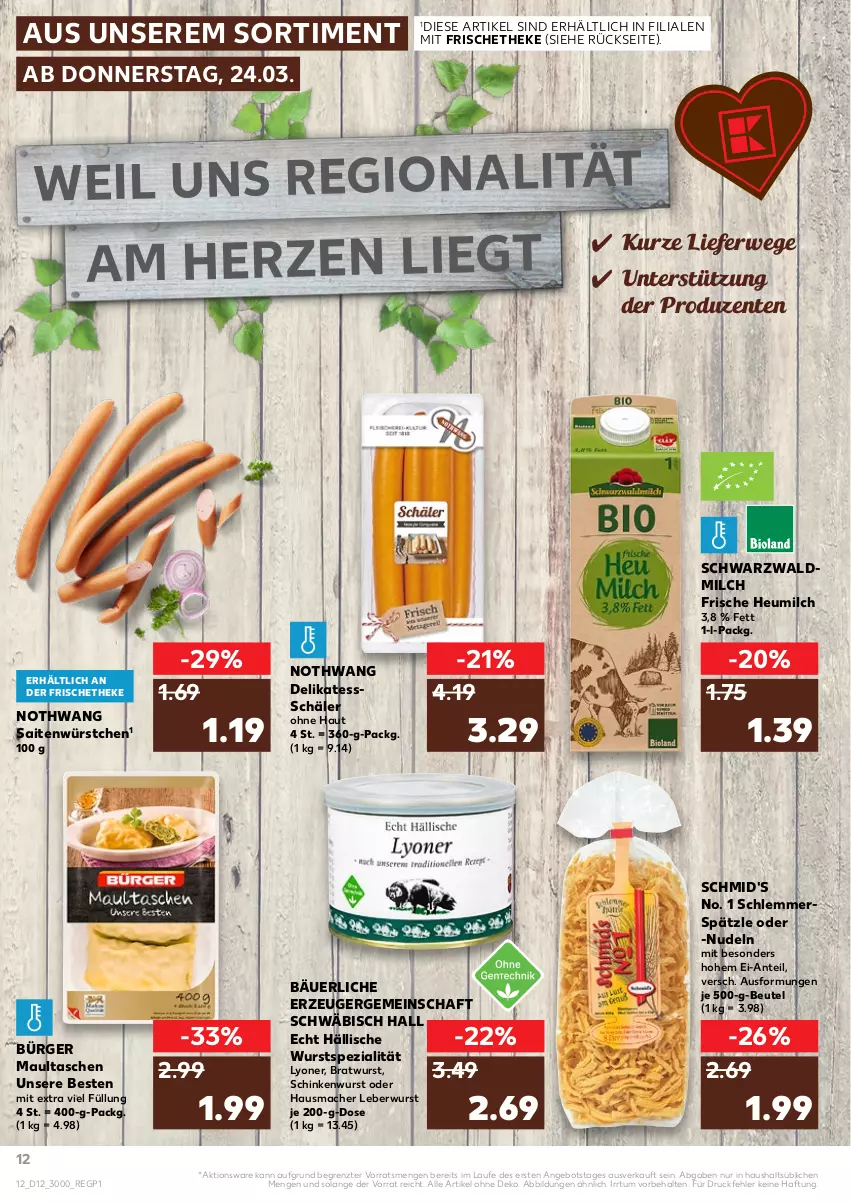 Aktueller Prospekt Kaufland - von 24.03 bis 30.03.2022 - strona 12 - produkty: angebot, beutel, bratwurst, ente, Hausmacher, Heu, heumilch, leberwurst, lyoner, mac, maultaschen, milch, nudel, nudeln, rwe, schinken, schinkenwurst, Spezi, Tasche, taschen, Ti, wurst, würstchen, Yo, ZTE