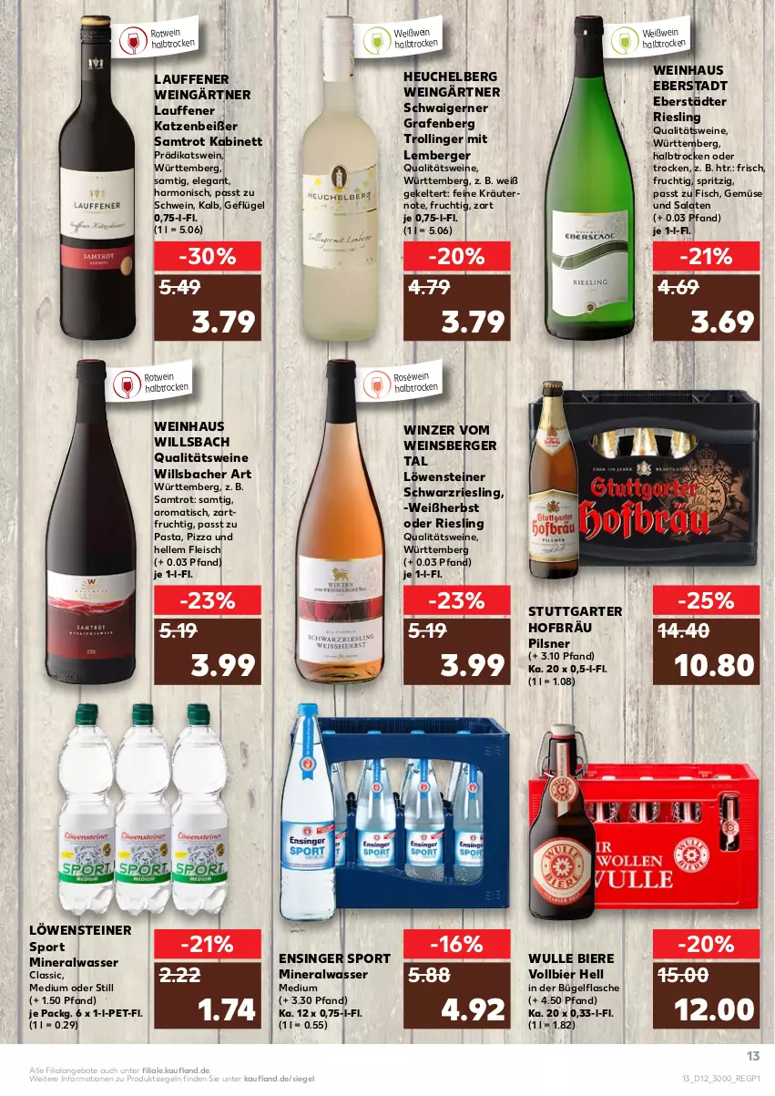 Aktueller Prospekt Kaufland - von 24.03 bis 30.03.2022 - strona 13 - produkty: Alwa, angebot, angebote, Berger, bier, Biere, bügel, bügelflasche, eis, elle, fisch, flasche, fleisch, frucht, Geflügel, Heu, kabinett, kräuter, mineralwasser, Mineralwasser Medium, pasta, pils, pilsner, pizza, qualitätswein, qualitätsweine, riesling, roséwein, rotwein, salat, salate, schwarzriesling, schwein, Sport, steiner, Ti, tisch, wasser, wein, weine, Weißwein