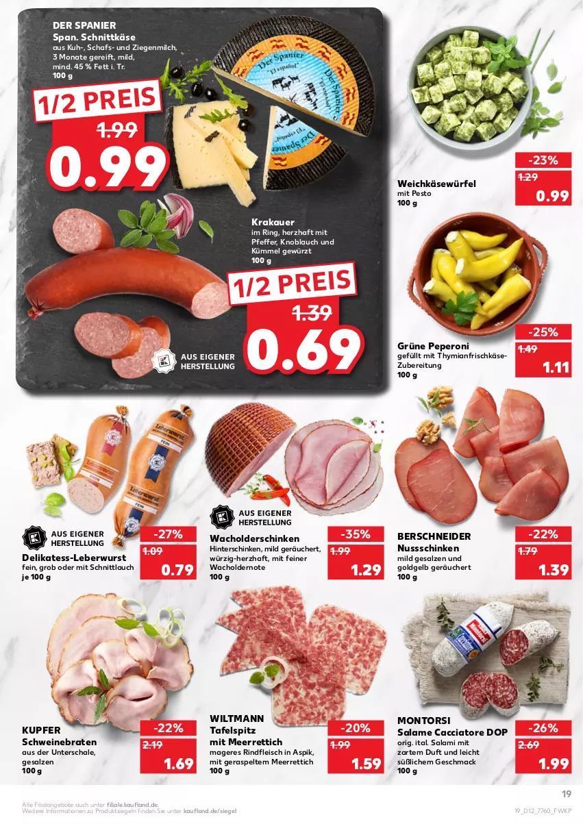 Aktueller Prospekt Kaufland - von 24.03 bis 30.03.2022 - strona 19 - produkty: ACC, angebot, angebote, auer, braten, eis, fleisch, frischkäse, frischkäsezubereitung, gewürz, hinterschinken, Käse, knoblauch, krakauer, leberwurst, mac, meerrettich, milch, montorsi, nuss, peperoni, Peroni, pesto, pfeffer, reis, Rettich, rind, rindfleisch, ring, salami, salz, Schal, Schale, schinken, schnittkäse, schnittlauch, schwein, schweine, schweinebraten, tafelspitz, Ti, weichkäse, wein, weine, wiltmann, würfel, wurst