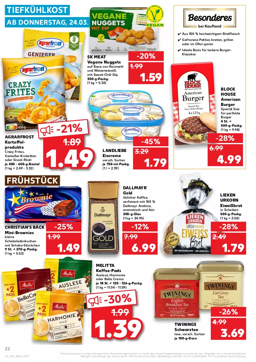 Aktueller Prospekt Kaufland - von 24.03 bis 30.03.2022 - strona 22 - produkty: agrarfrost, angebot, bella crema, beutel, braten, brot, brownie, brownies, burger, chili, Crazy Frites, creme, dallmayr, dallmayr gold, dip, eis, eiscreme, Eiweißbrot, fleisch, grill, kaffee, kaffee-pads, kartoffel, Kette, korn, Kroketten, kuchen, landliebe, landliebe eiscreme, leine, lieken, löslicher kaffee, mehl, melitta, nuggets, Ofen, reis, rind, rindfleisch, schoko, schokolade, schokoladen, snack, tee, Ti, tiefkühlkost, tisch, urkorn, ZTE