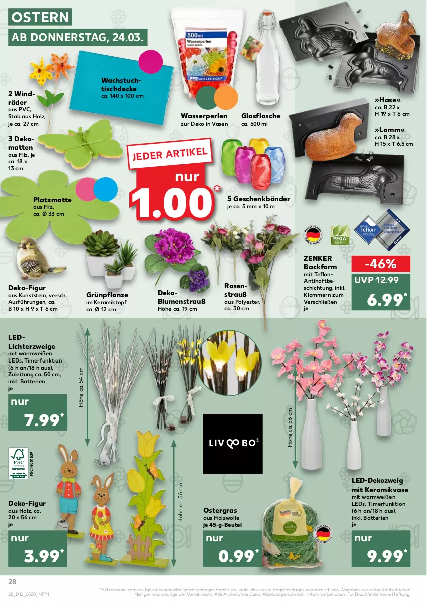 Aktueller Prospekt Kaufland - von 24.03 bis 30.03.2022 - strona 28 - produkty: angebot, Backform, batterie, batterien, beutel, blume, blumen, Blumenstrauß, decke, Dekozweig, flasche, glasflasche, Holz, Klammern, lamm, leds, perlen, pflanze, rosen, Rosenstrauß, Ti, timer, tisch, tischdecke, topf, tuc, Vase, wachstuch, wasser, wolle, ZTE