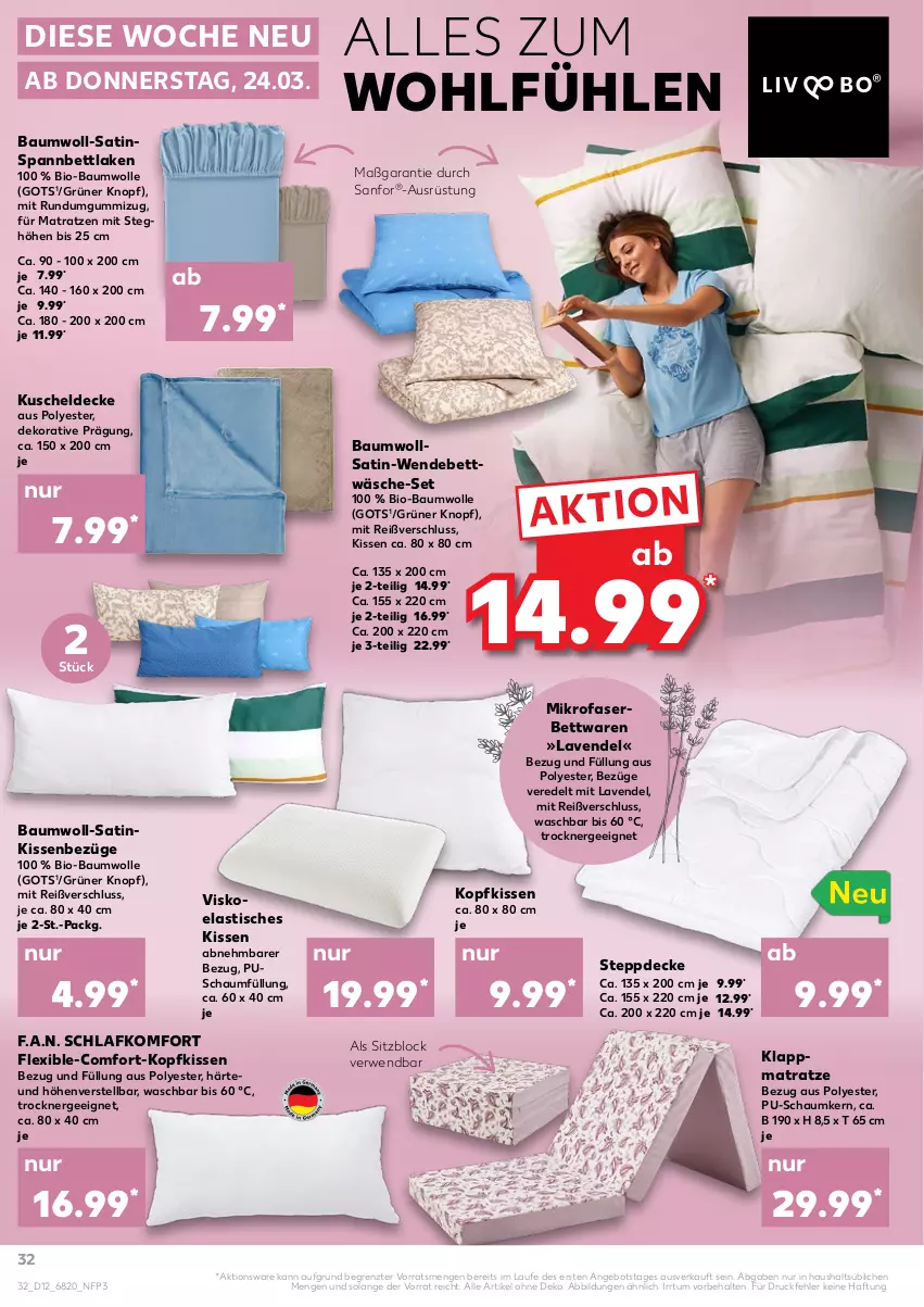 Aktueller Prospekt Kaufland - von 24.03 bis 30.03.2022 - strona 32 - produkty: angebot, asti, Bau, baumwolle, bett, bettwäsche, bio, bio-baumwolle, decke, Ergee, kissen, kopfkissen, kuscheldecke, lavendel, matratze, matratzen, mikrofaser, rwe, spannbettlaken, Steppdecke, Ti, tisch, Trockner, wendebettwäsche, wolle, ZTE