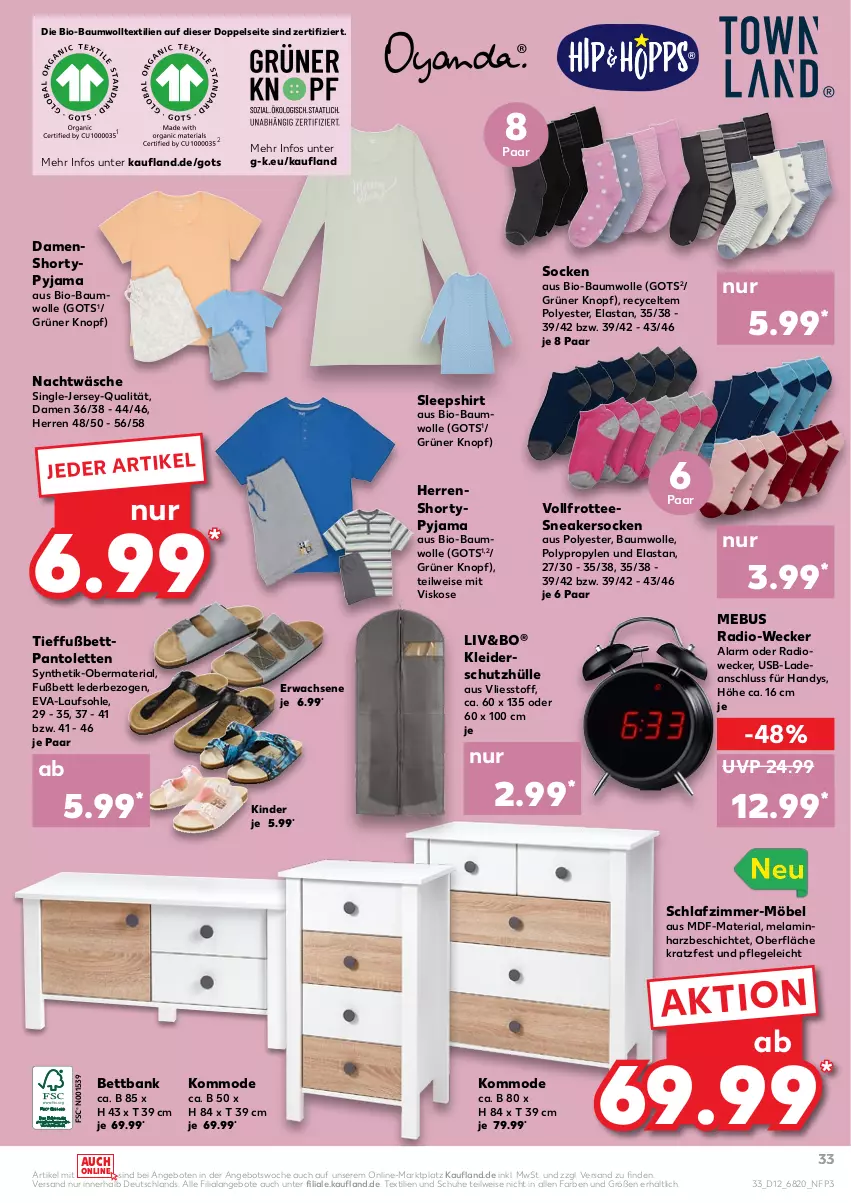 Aktueller Prospekt Kaufland - von 24.03 bis 30.03.2022 - strona 33 - produkty: angebot, angebote, Bank, Bau, baumwolle, bett, bio, bio-baumwolle, eis, Handy, Kinder, kleid, kleider, kommode, möbel, Mode, pantolette, pantoletten, Pyjama, Radio, Ria, schlafzimmer, schuhe, schutzhülle, shirt, shorty, sleepshirt, sneaker, sneakersocken, socken, tee, Ti, usb, weck, wolle