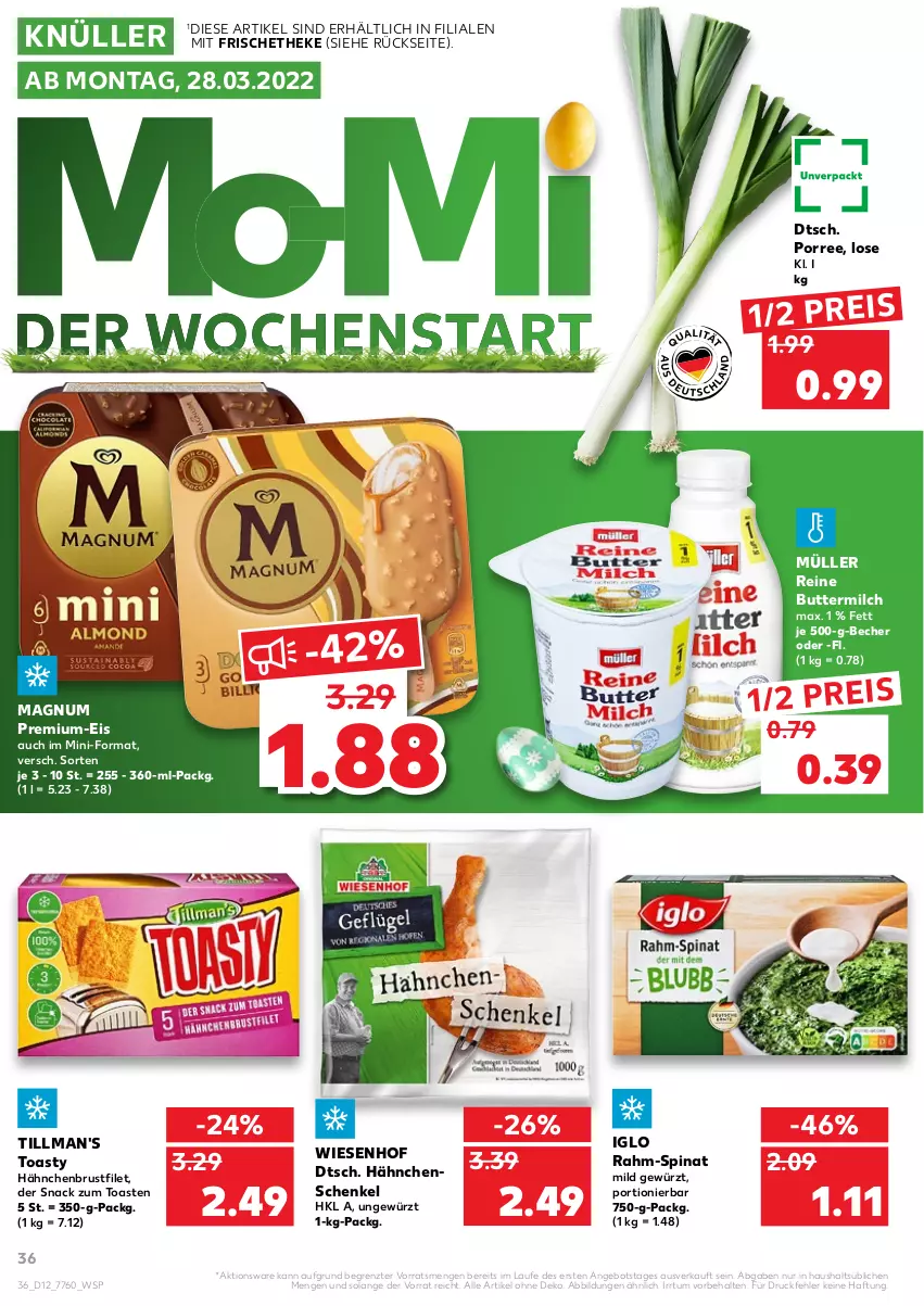 Aktueller Prospekt Kaufland - von 24.03 bis 30.03.2022 - strona 36 - produkty: angebot, Becher, brustfilet, butter, buttermilch, eis, filet, gewürz, hähnchenbrust, hähnchenbrustfilet, hähnchenschenkel, henkel, iglo, magnum, milch, Müller, rahm-spinat, reine buttermilch, reis, schenkel, snack, spinat, Ti, Tillman's, toast, toasty, wiesenhof, ZTE