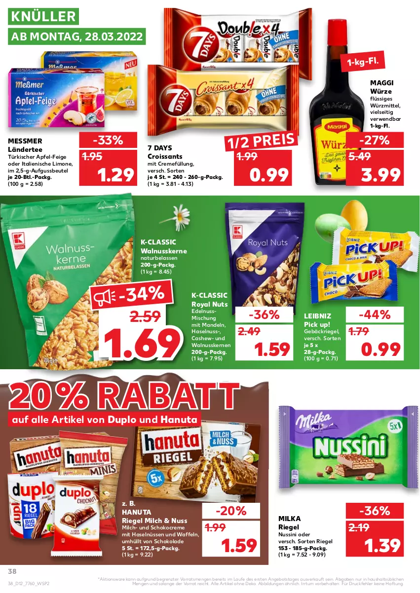 Aktueller Prospekt Kaufland - von 24.03 bis 30.03.2022 - strona 38 - produkty: angebot, apfel, beutel, Cashew, creme, Croissant, croissants, duplo, eis, hanuta, haselnuss, Ländertee, leibniz, limo, maggi, maggi würze, mandel, mandeln, milch, milka, natur, nuss, Pick Up!, reis, riegel, rwe, schoko, schokolade, tee, Ti, waffeln, walnuss, walnusskerne, ZTE